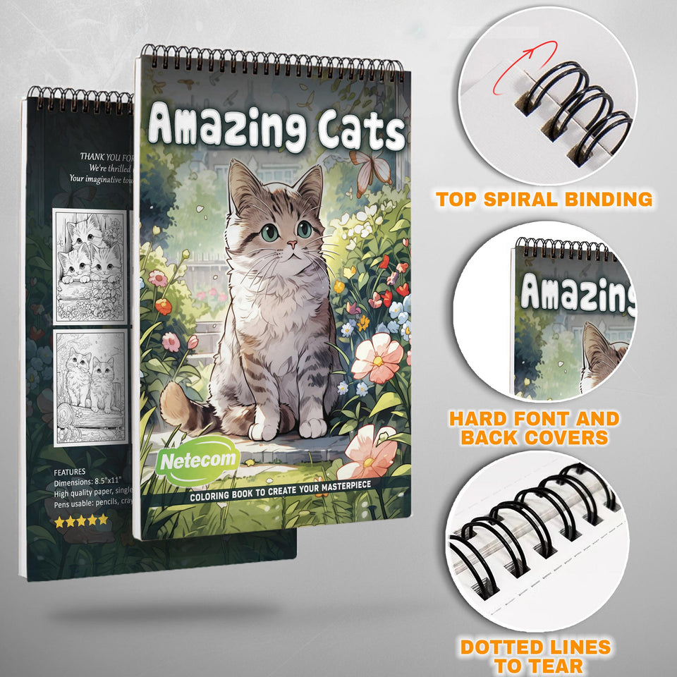 Amazing Cats Spiral Bound Coloring Book, Delightful Cat Illustrations for Feline Lovers, Great for Cat Enthusiasts Seeking Relaxing and Cute Art