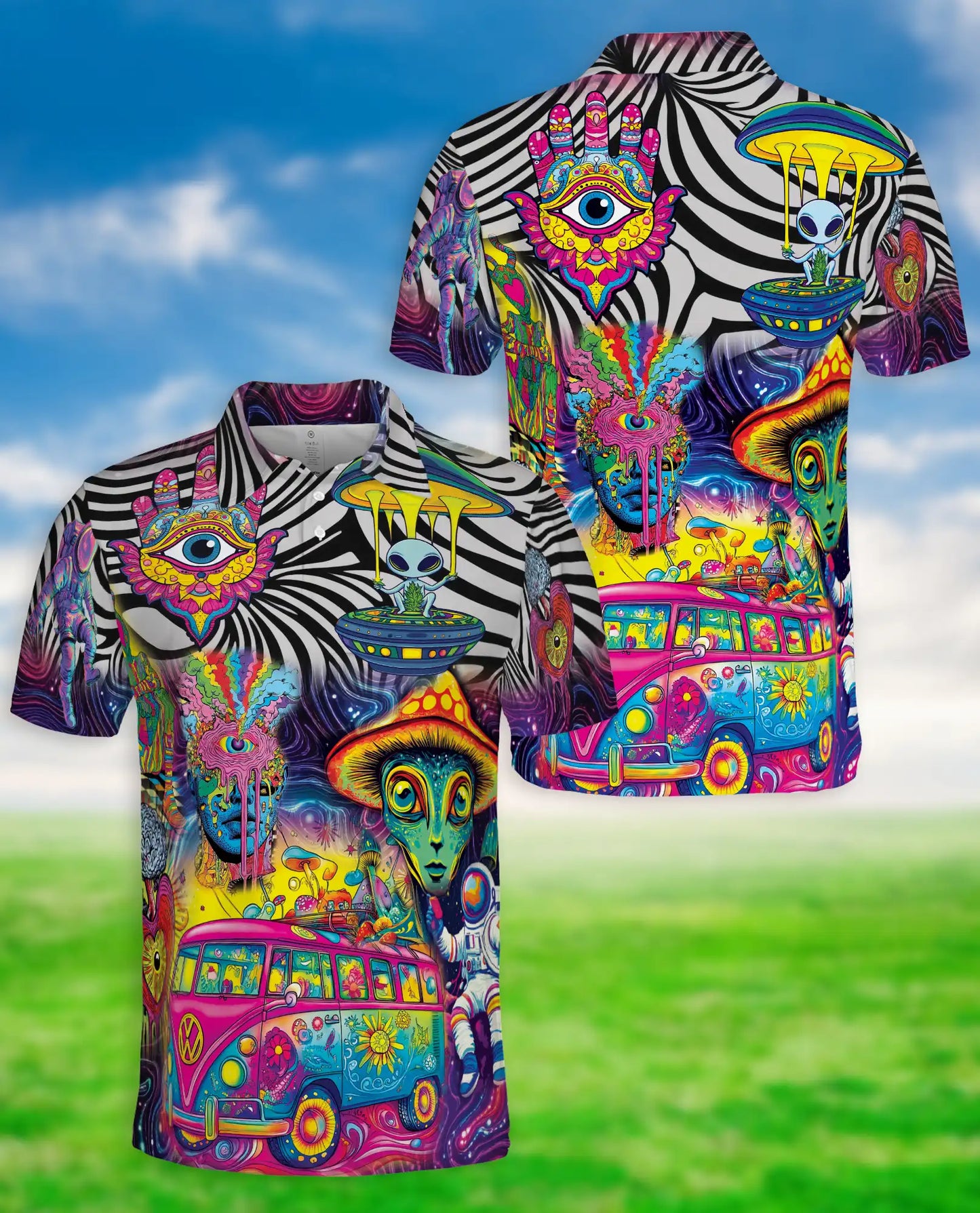 Psychedelic Alien 3D Polo Shirt for Men – Trippy UFO & Hippie Van Print | Azhobbyshop