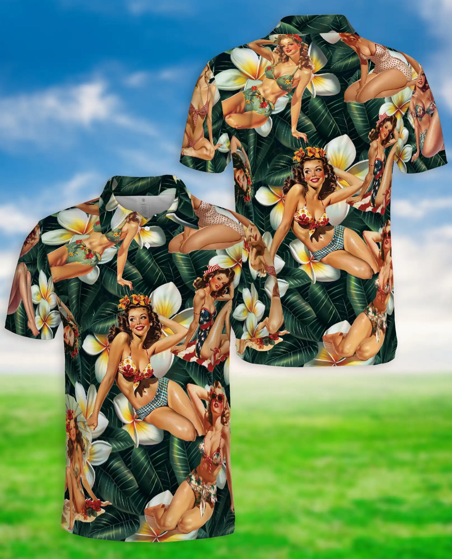 Vintage Pin Up Girl Hawaiian Polo Shirt- Retro Beach Style | Azhobbyshop