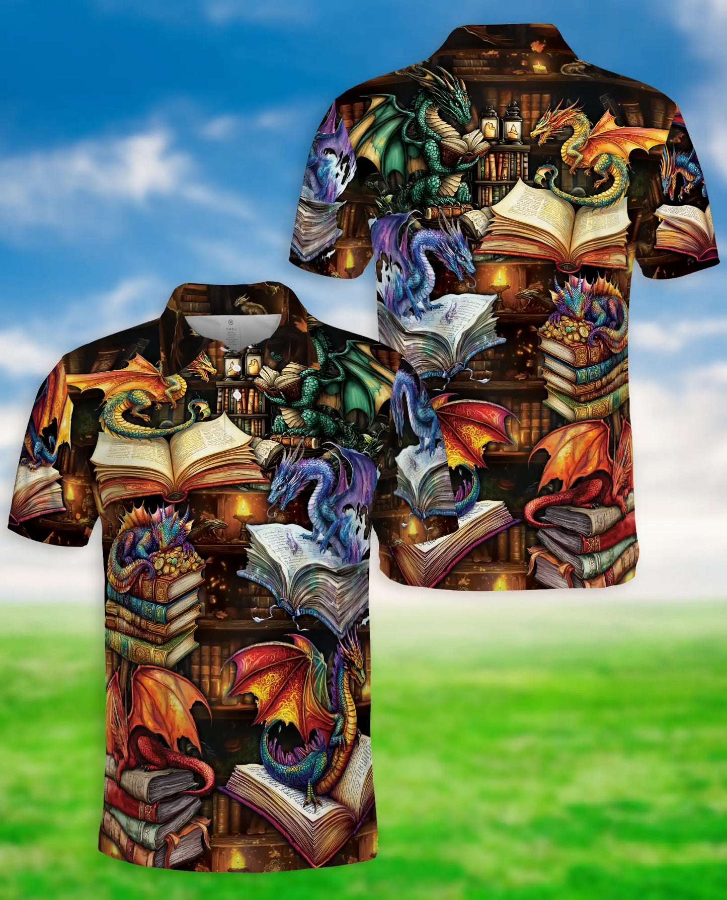 Dragon Book 3D Polo Shirt for Men – Fantasy Library Magic Style | Azhobbyshop