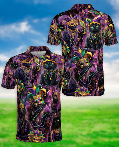 Mardi Gras Black Cat Hawaiian Polo Shirt – Carnival Mask Cat Shirt | Azhobbyshop