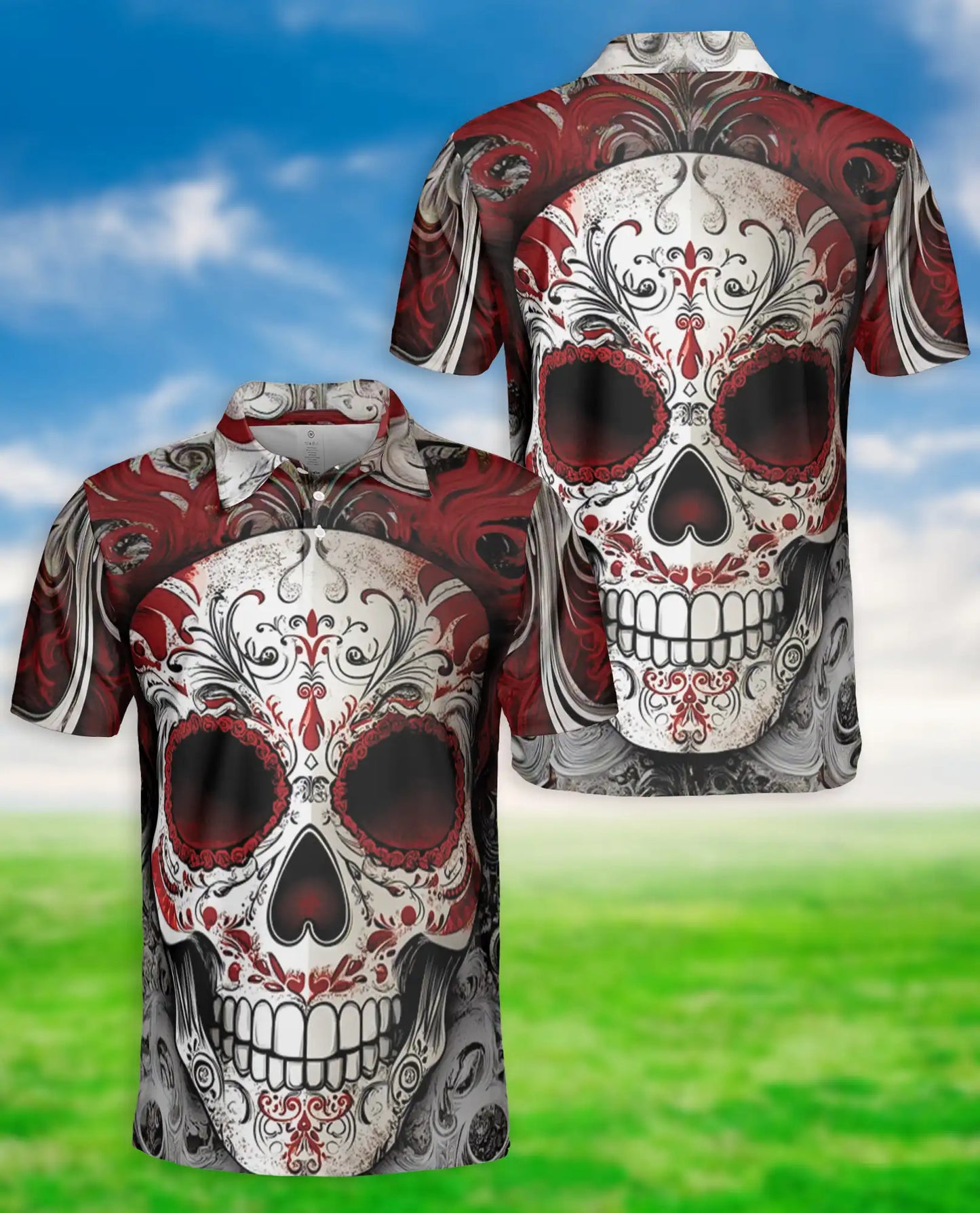 Sugar Skull 3D Polo Shirt for Men – Red Gothic Day of the Dead Style | Azhobbyshop