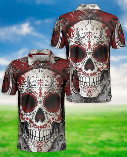 Sugar Skull 3D Polo Shirt for Men – Red Gothic Day of the Dead Style | Azhobbyshop