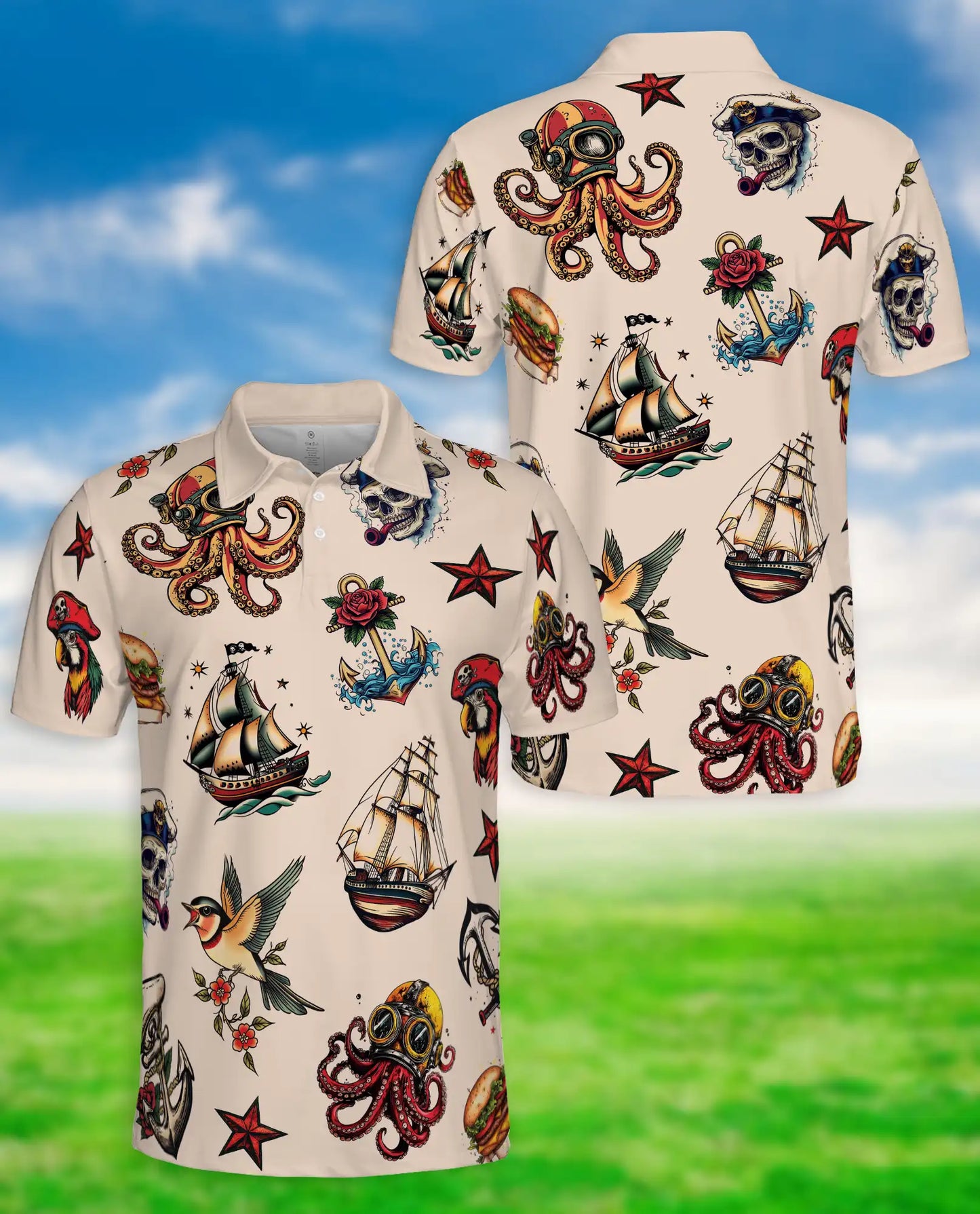 Tattoo Style 3D Polo Shirt for Men – Vintage Nautical & Skull Print | Azhobbyshop