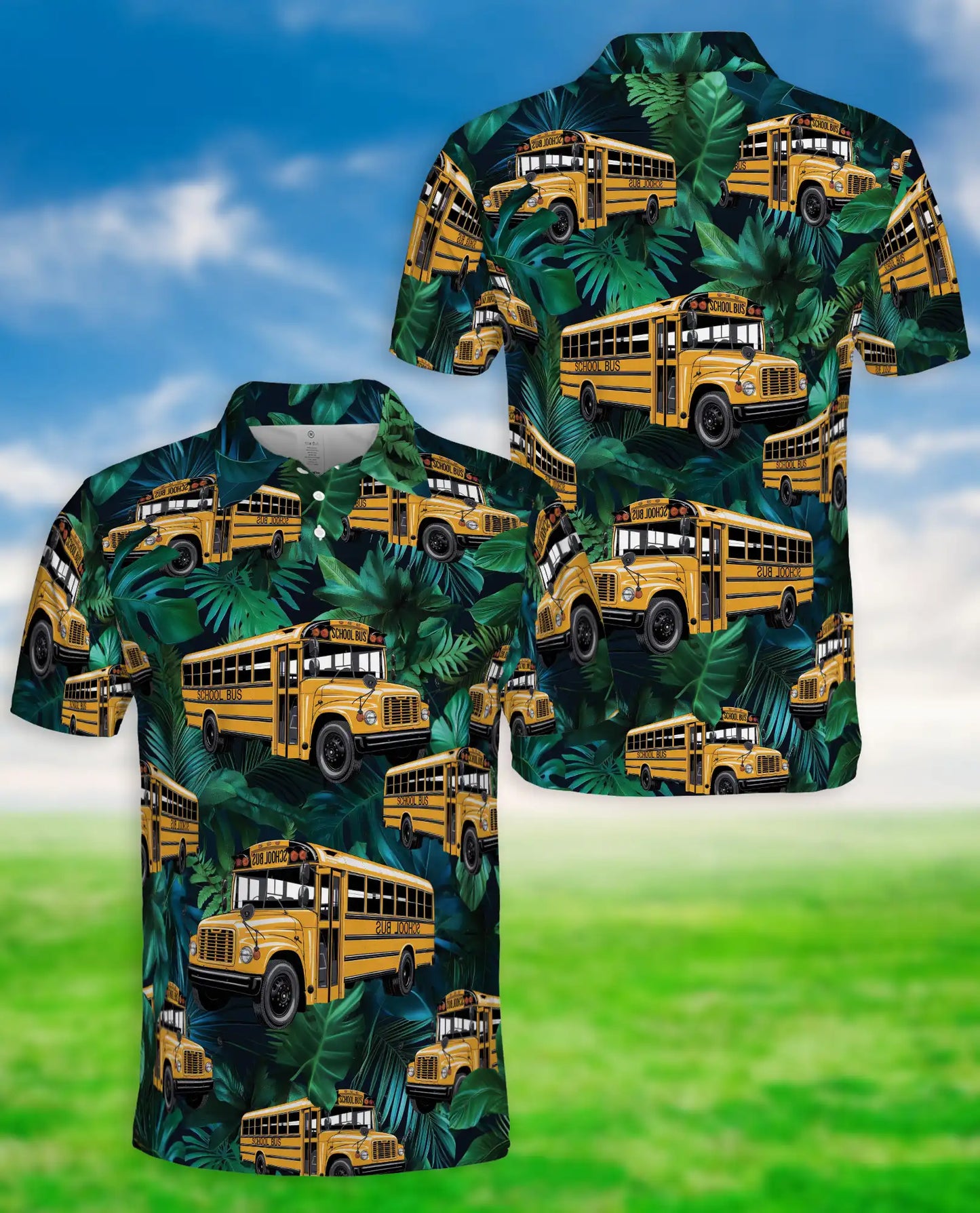 School Bus Hawaiian 3D Polo Shirt for Men – Tropical Driver Style | Azhobbyshop