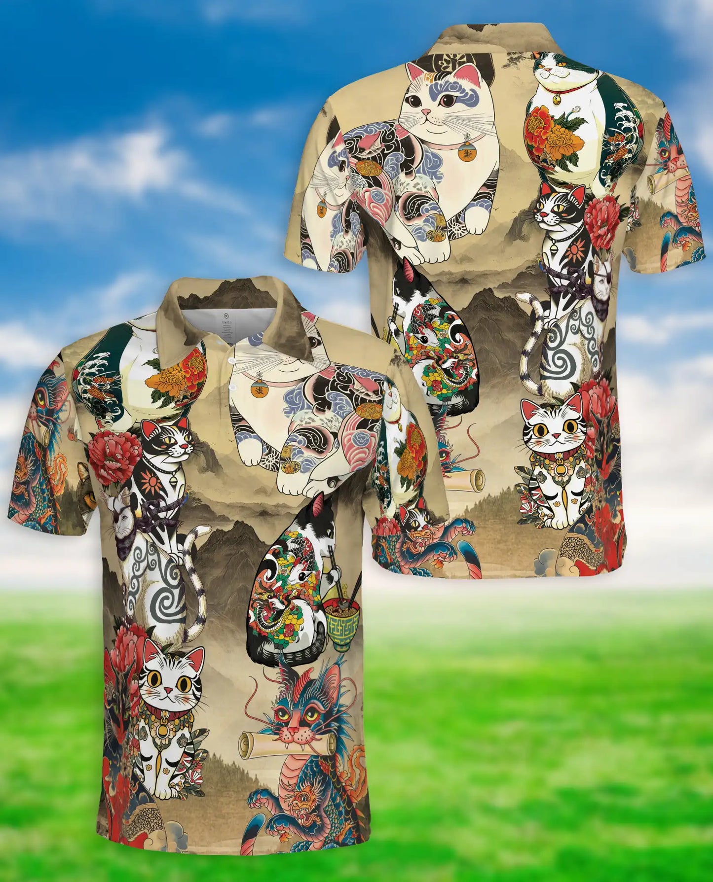 Japanese Cat 3D Polo Shirt for Men – Tattoo Dragon Art Style | Azhobbyshop