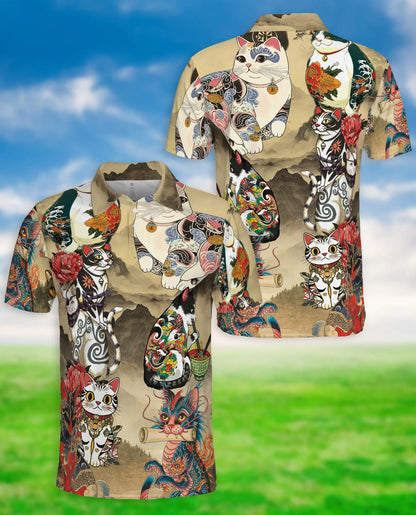 Japanese Cat 3D Polo Shirt for Men – Tattoo Dragon Art Style | Azhobbyshop