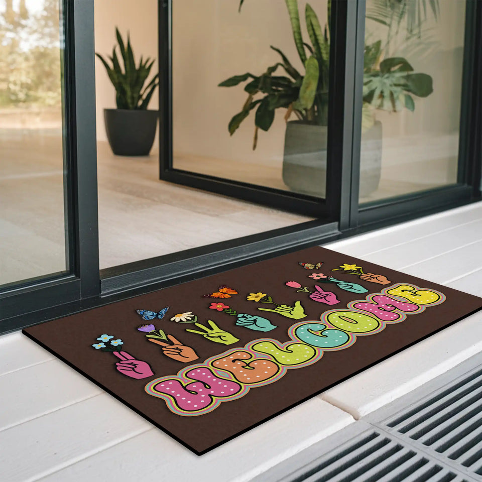 Retro Hand Gesture Doormat – Colorful Floral Welcome Mat