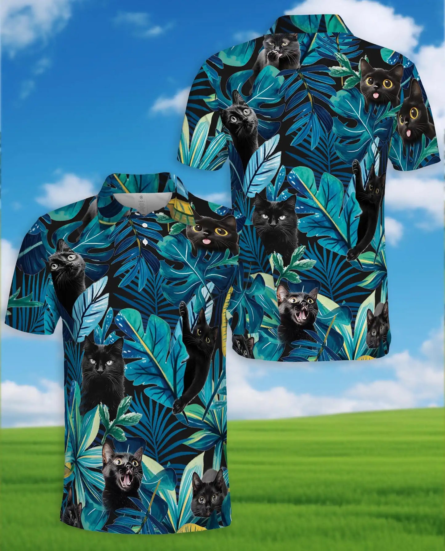Black Cat Hawaiian Polo Shirt – Cute Tropical Cat Leaf Design | Azhobbyshop