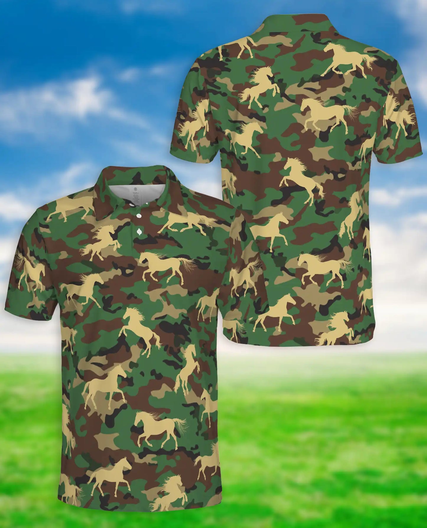 Camo Horse 3D Polo Shirt for Men – Military Camouflage & Wild Horse Print | Azhobbyshop