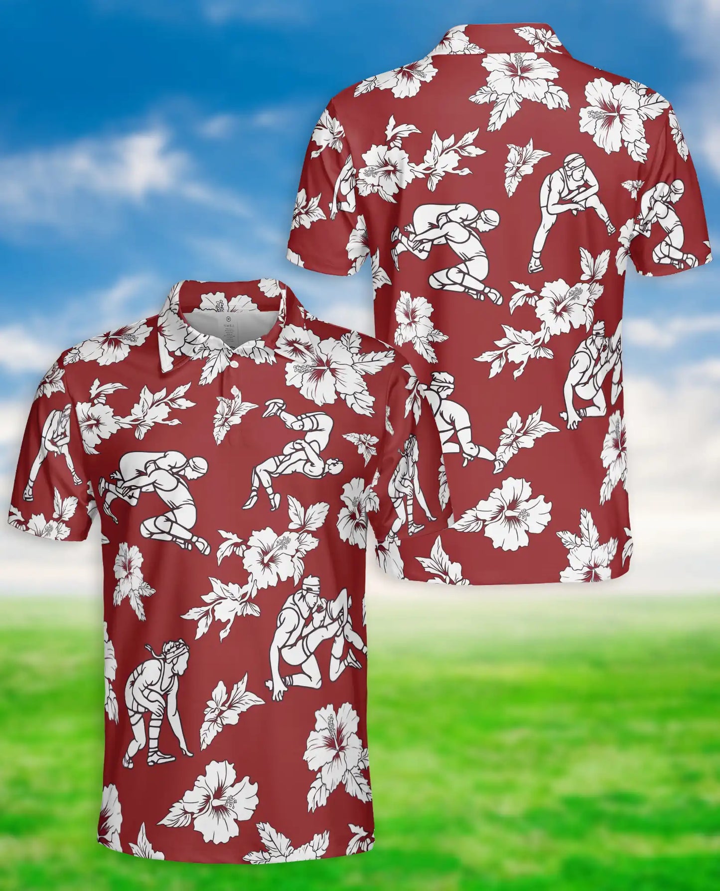 Wrestling Hawaiian 3D Polo Shirt for Men – Red Hibiscus Tropical Style | Azhobbyshop