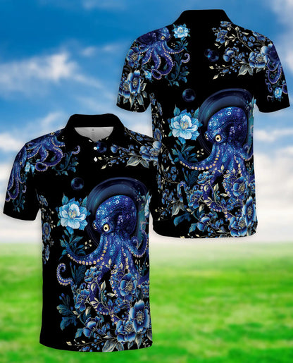 Blue Octopus Floral Polo Shirt – Ocean Sea Life Art Print | Azhobbyshop