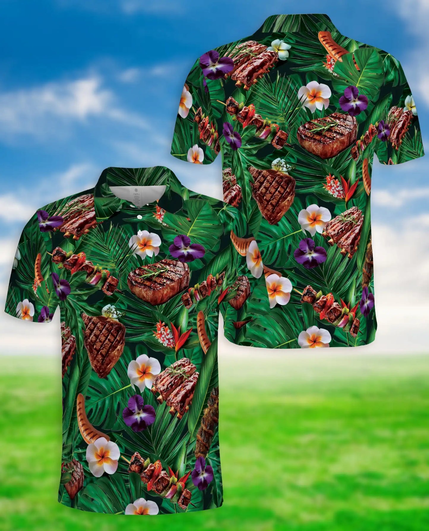 Grilled Steak Tropical Polo Shirt – BBQ Hawaiian Food Pattern | Azhobbyshop