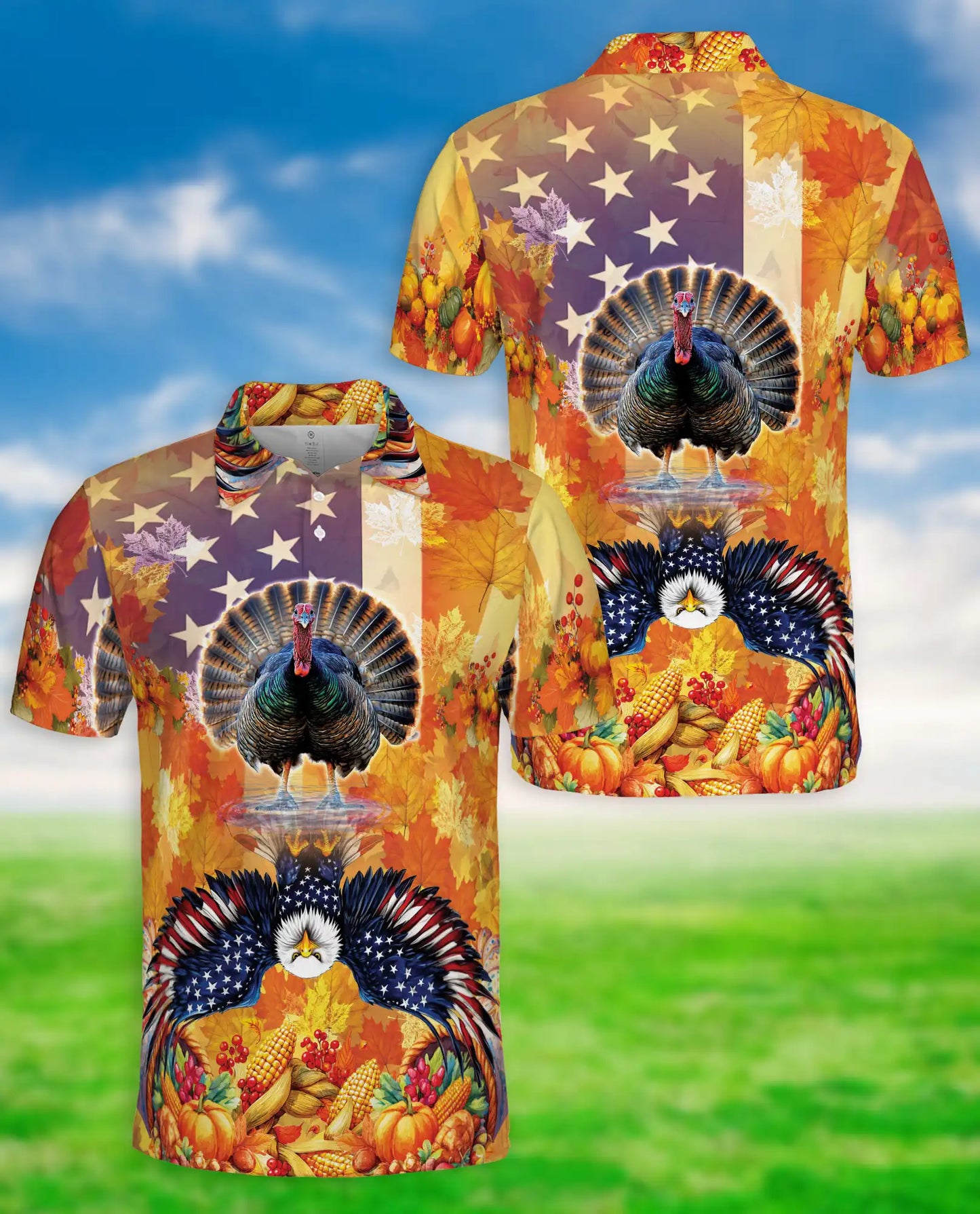 Turkey and Eagle Polo Shirt – Patriotic Thanksgiving Fall Harvest 3D Graphic | Azhobbyshop
