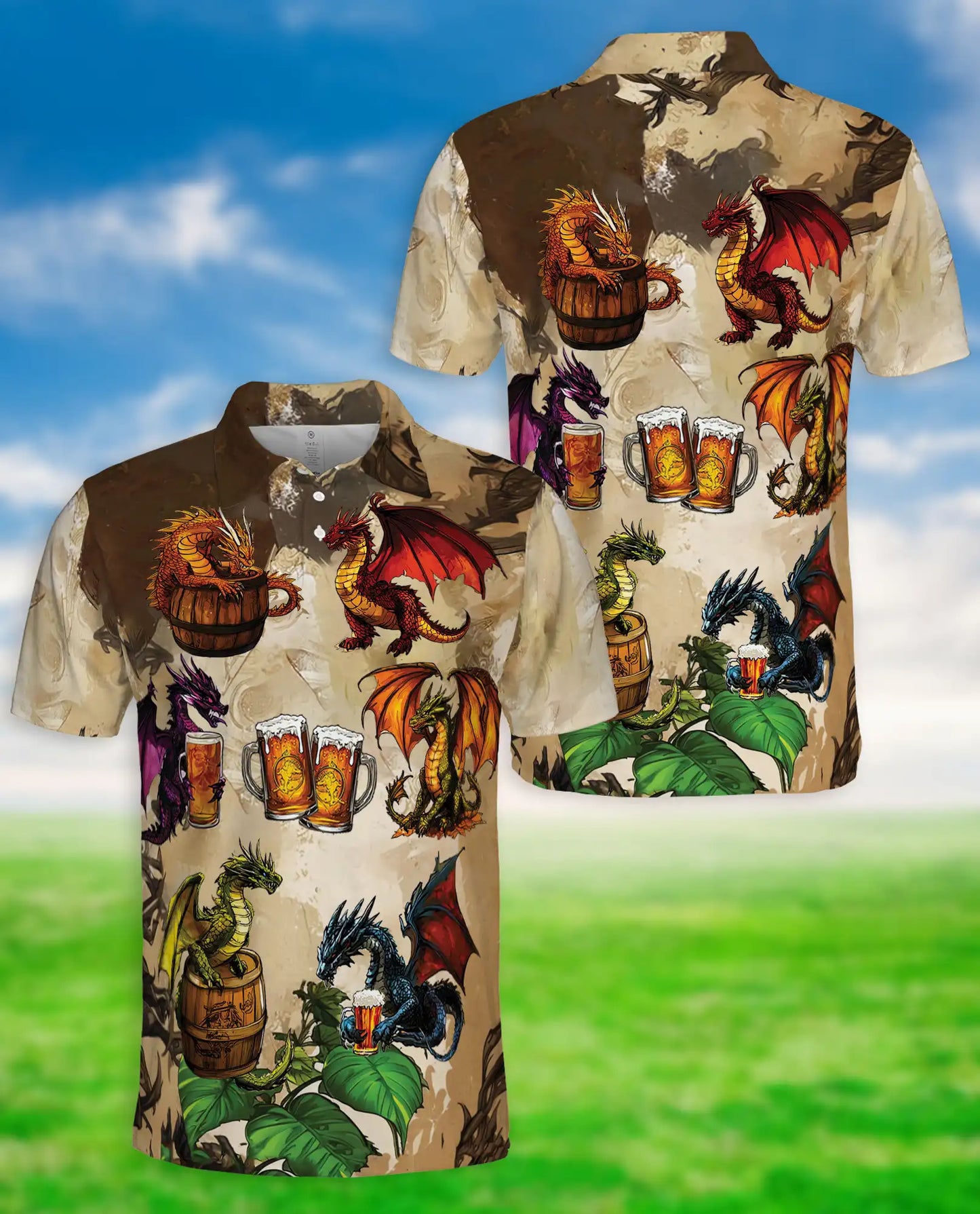 Dragon Beer Polo Shirt – Fantasy Dragon Drinking Beer 3D Graphic | Azhobbyshop