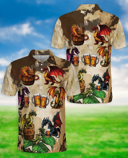 Dragon Beer Polo Shirt – Fantasy Dragon Drinking Beer 3D Graphic | Azhobbyshop