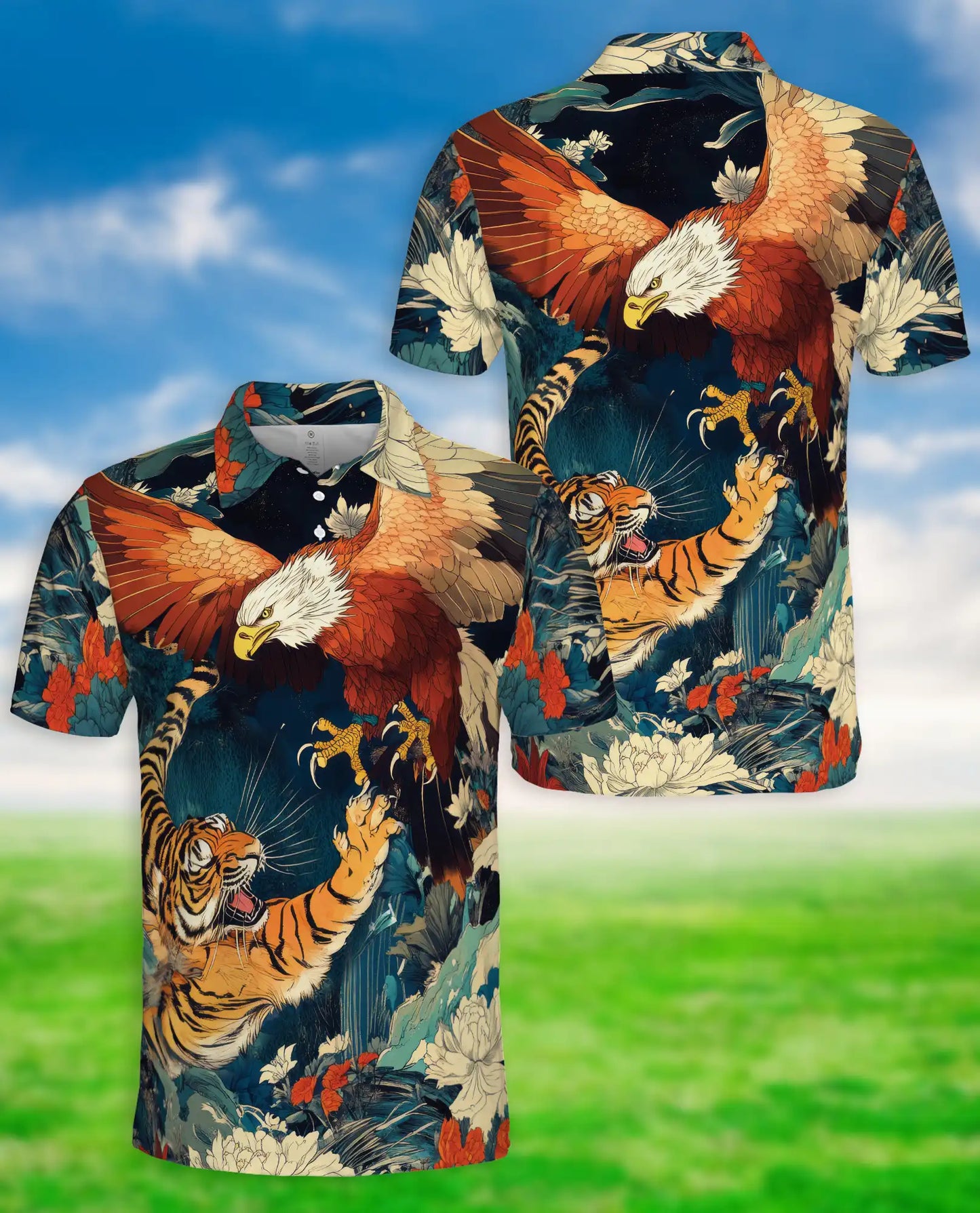 Tiger and Eagle Polo Shirt- Japanese Style Powerful Animal Design | Azhobbyshop