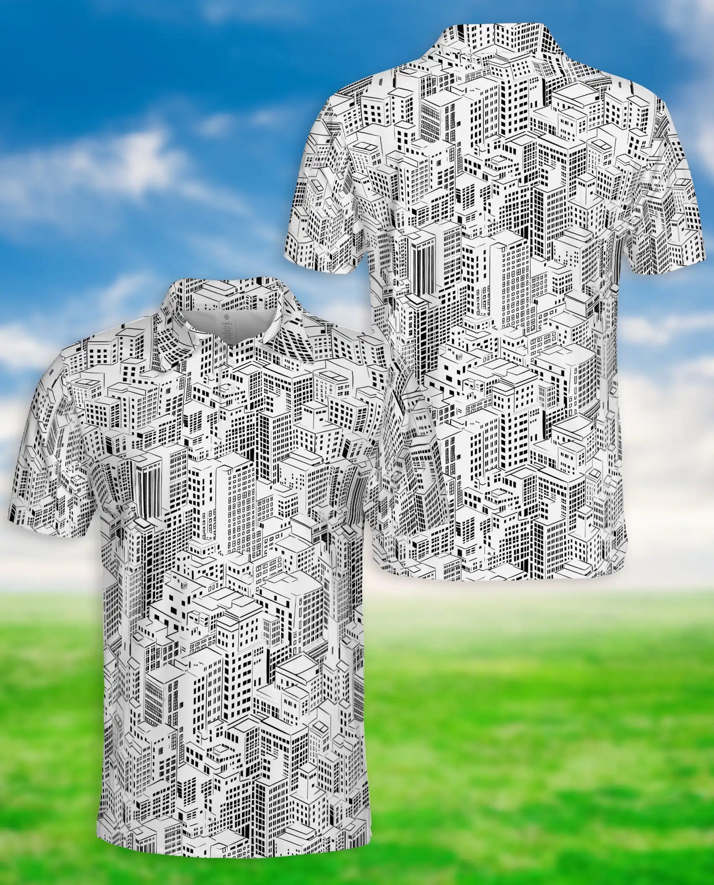 City Buildings 3D Polo Shirt for Men – Black & White Urban Architecture Print | Azhobbyshop