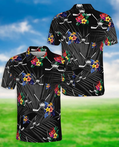 Hockey Hawaiian 3D Polo Shirt for Men – Tropical Ice Hockey Floral Style | Azhobbyshop