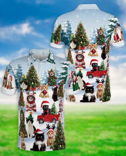 Cat Christmas Santa Polo Shirt – Cute Kitten Holiday Tree Snow 3D Print | Azhobbyshop