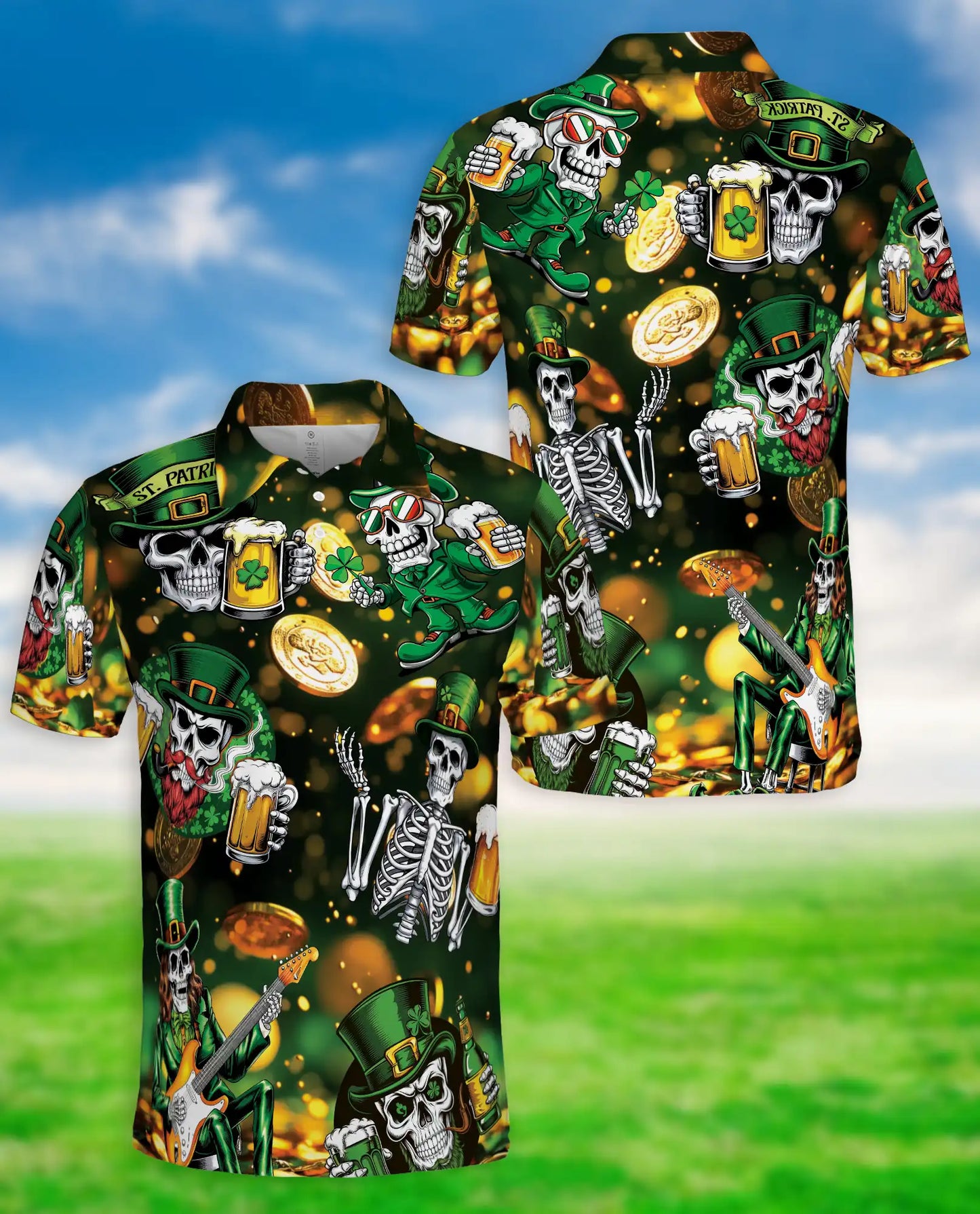 St. Patrick’s Day Skull Hawaiian Polo Shirt – Irish Beer Skeleton Shirt | Azhobbyshop