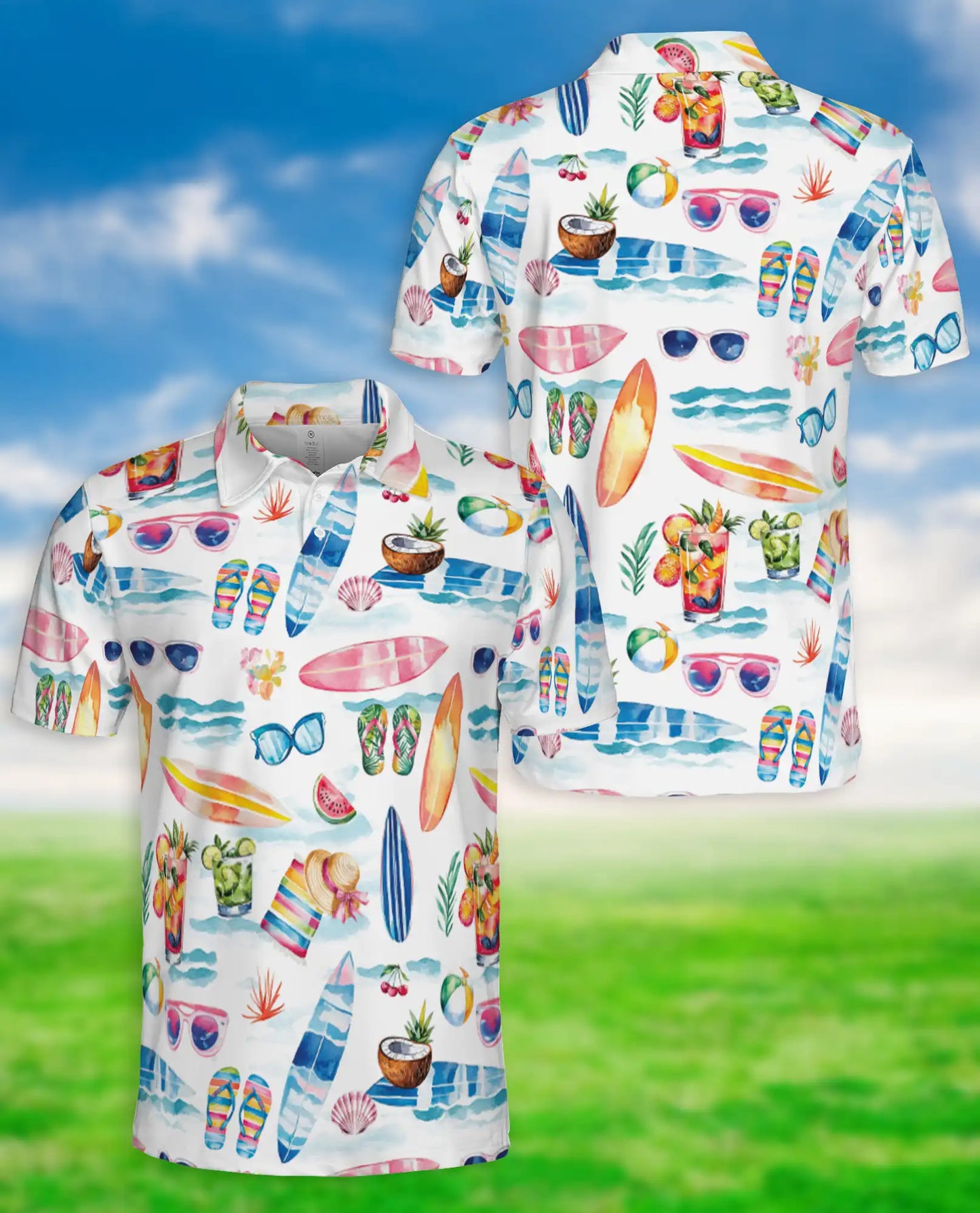 Beach Summer Vibes 3D Polo Shirt for Men – Surf, Sunglasses & Tropical Print | Azhobbyshop