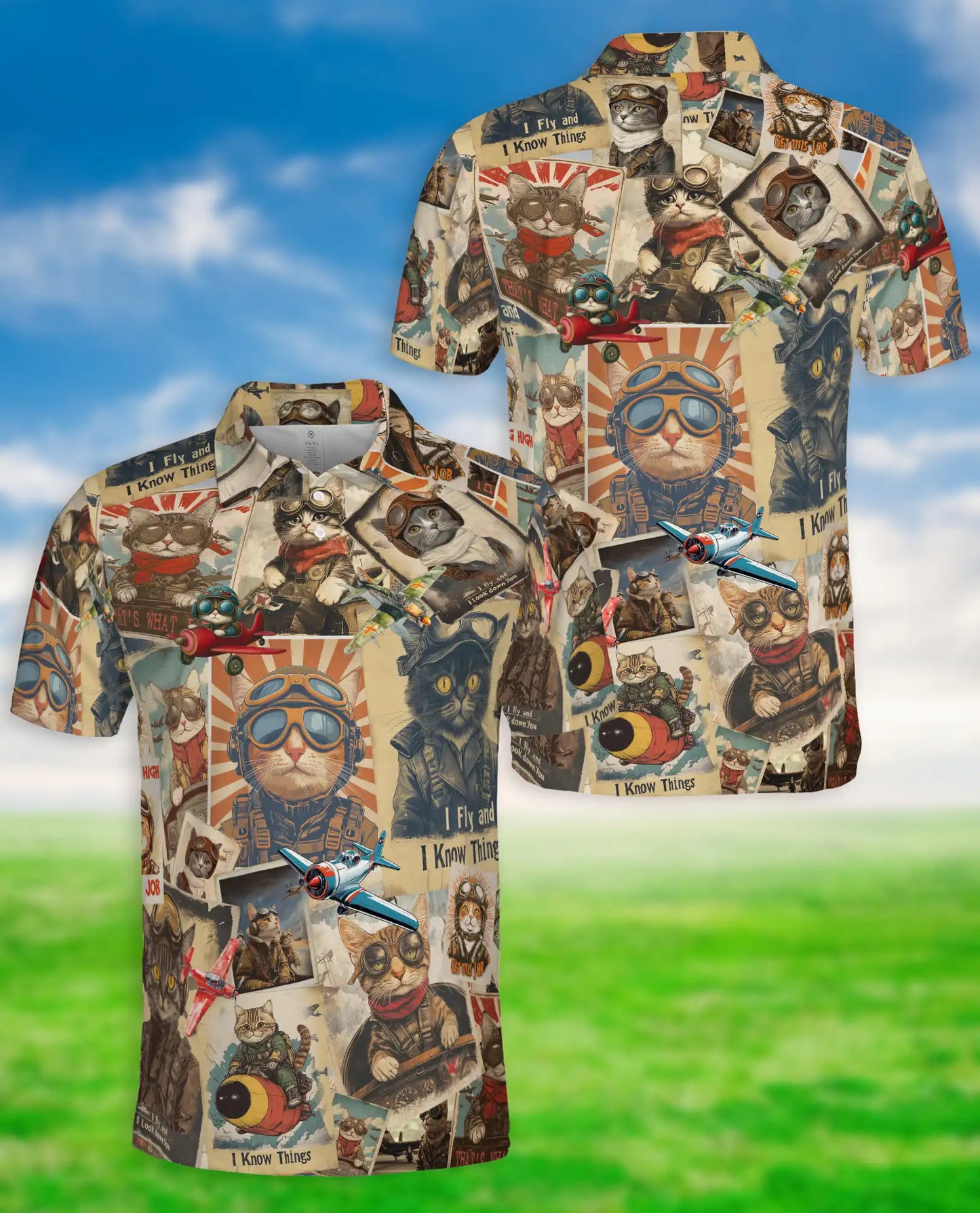 Vintage Pilot Cat Polo Shirt- Retro Aviator Cat Graphic Shirt | Azhobbyshop