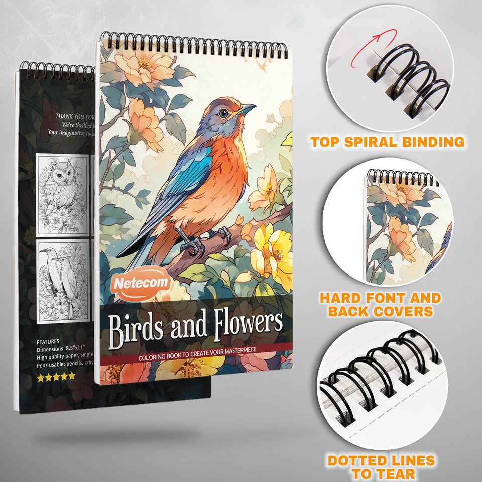 Birds And Flower Spiral Bound Coloring Book, Exquisite Birds and Flowers for a Relaxing and Artistic Journey, Perfect for Nature Enthusiasts and Bird Lovers