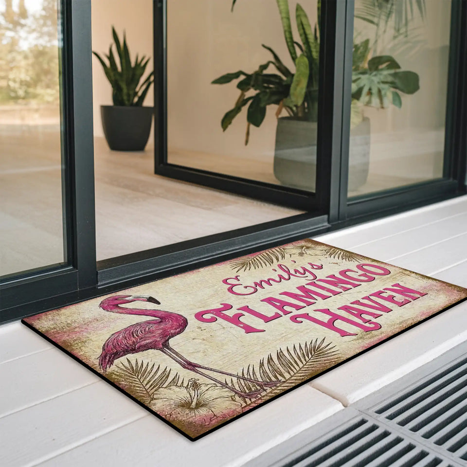 Personalized Vintage Flamingo Doormat – Custom Name Tropical Mat