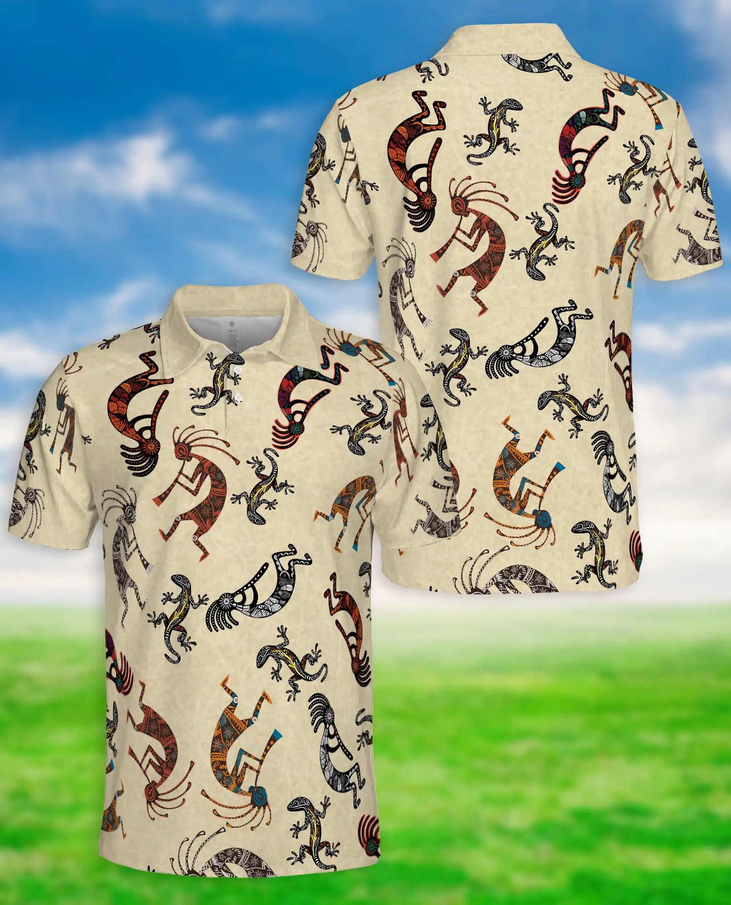 Tribal Kokopelli Lizard Polo Shirt – Native Art Style All Over Print | Azhobbyshop