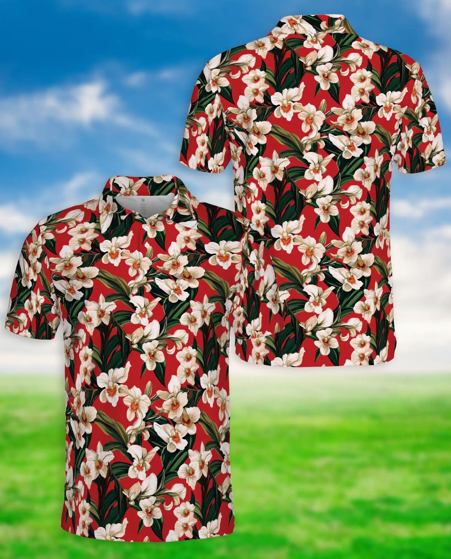 Orchid Ginger 3D Polo Shirt for Men – Tropical Floral Red Print | Azhobbyshop