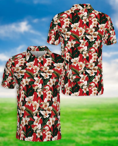 Orchid Ginger 3D Polo Shirt for Men – Tropical Floral Red Print | Azhobbyshop