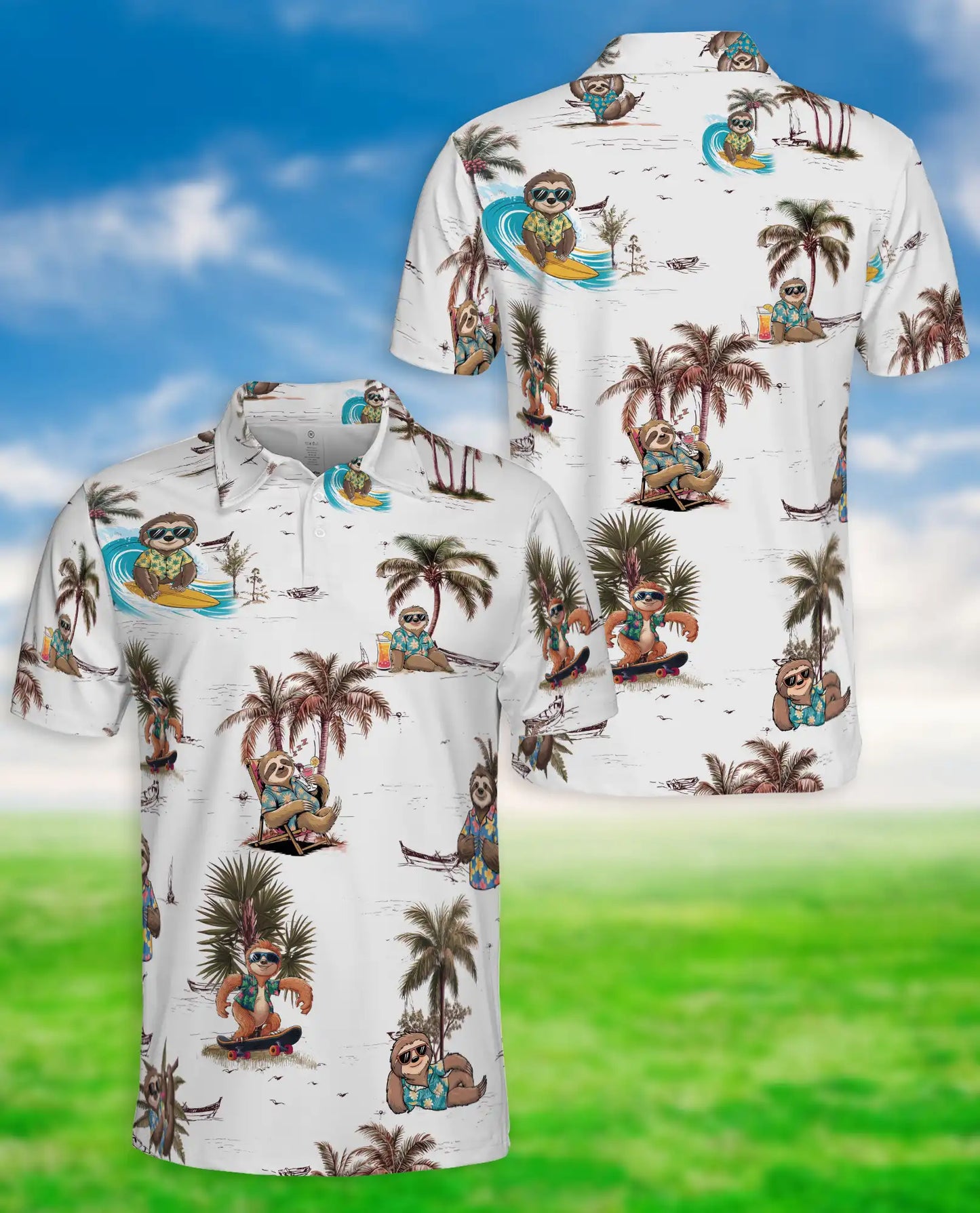 Sloth Hawaiian 3D Polo Shirt for Men – Funny Tropical Beach Style | Azhobbyshop