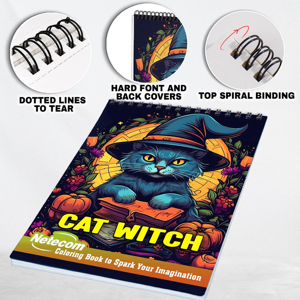 Cat Witch Spiral Bound Coloring Book, Set Your Imagination Ablaze with 30 Witchy Coloring Pages, Celebrating the Magical Connection between Cats and Spells