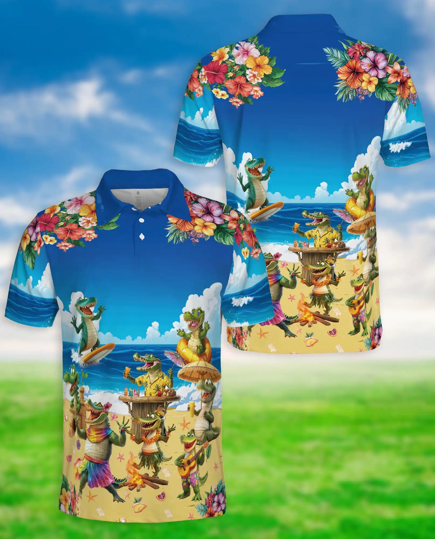 Crocodile Alligator Tropical Beach Hawaiian Polo Shirt | Azhobbyshop