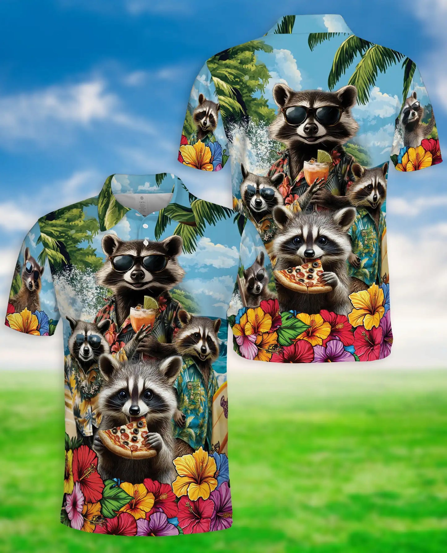 Raccoon Tropical Hawaiian Polo Shirt | Azhobbyshop