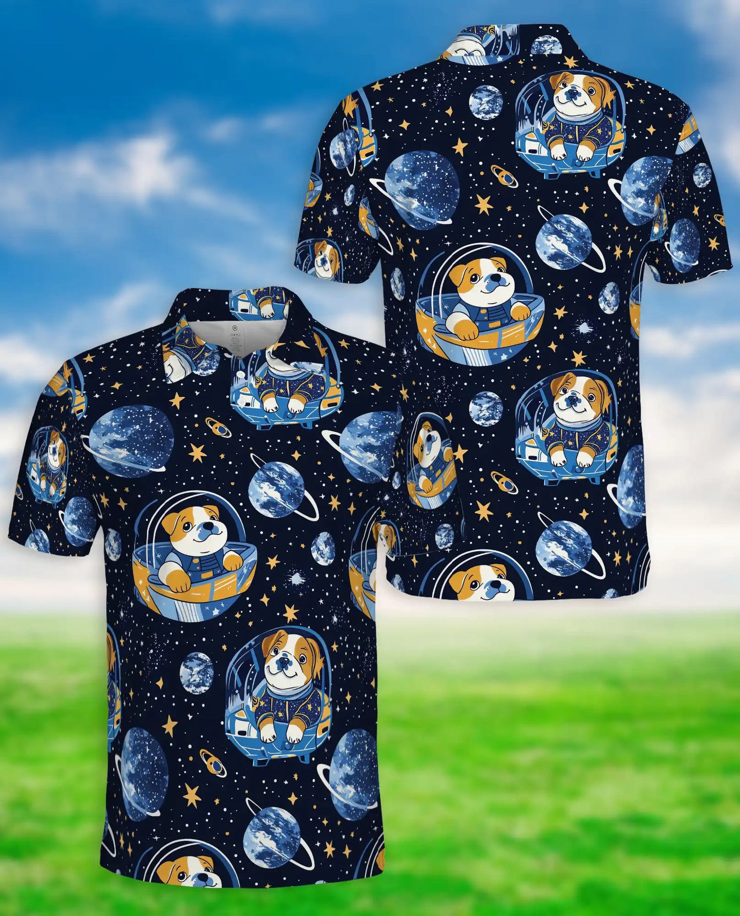 Space Dog 3D Polo Shirt for Men – Cute Astronaut Puppy Galaxy Style | Azhobbyshop