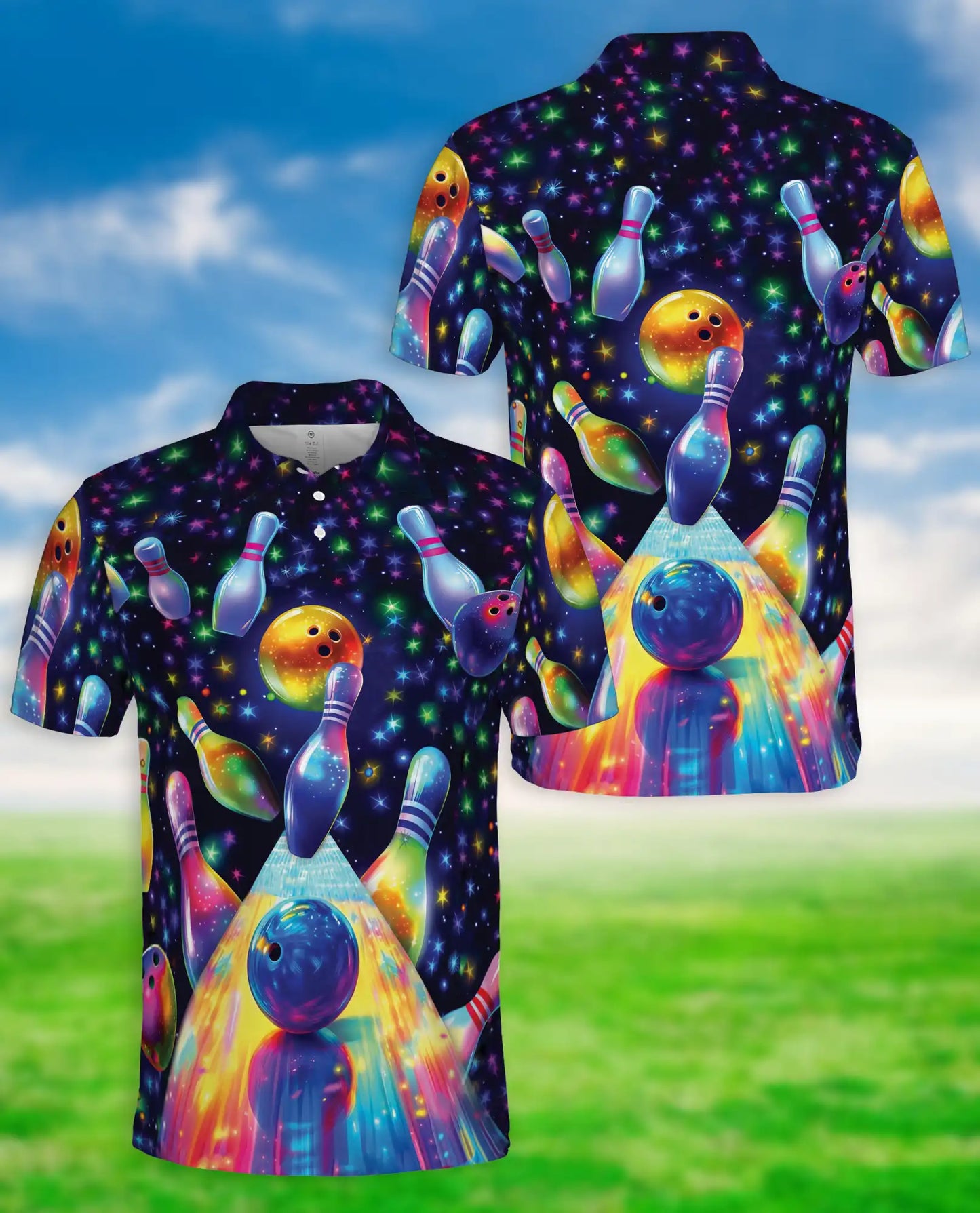 Cosmic Bowling Polo Shirt – Neon Galaxy Bowling 3D Graphic | Azhobbyshop