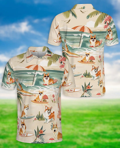 Corgi Summer Beach Polo Shirt – Cute Surfing Dog Tropical Vacation 3D Print | Azhobbyshop