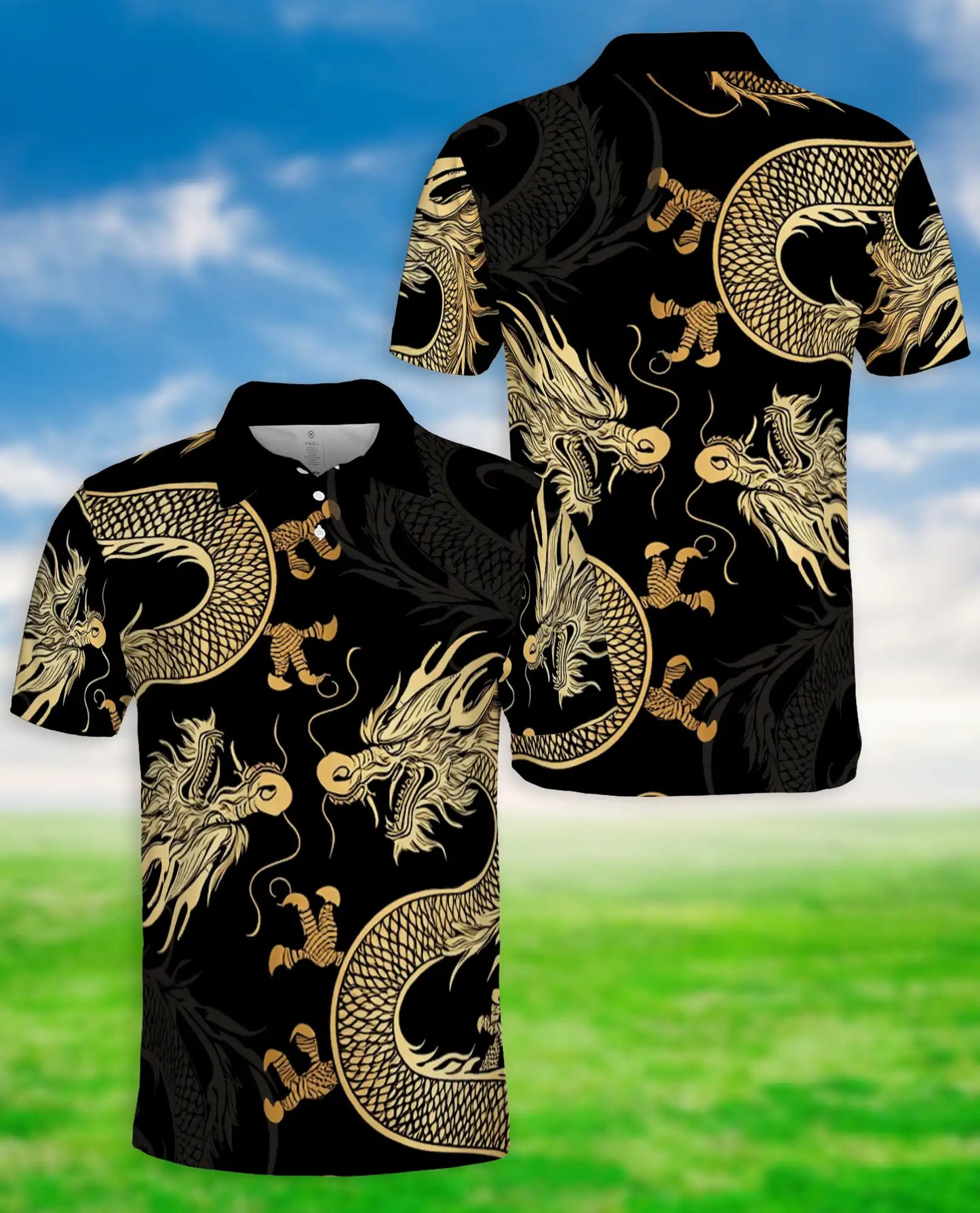 Golden Dragon 3D Polo Shirt for Men – Black Oriental Mythical Art Style | Azhobbyshop
