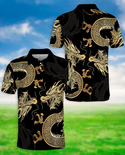 Golden Dragon 3D Polo Shirt for Men – Black Oriental Mythical Art Style | Azhobbyshop