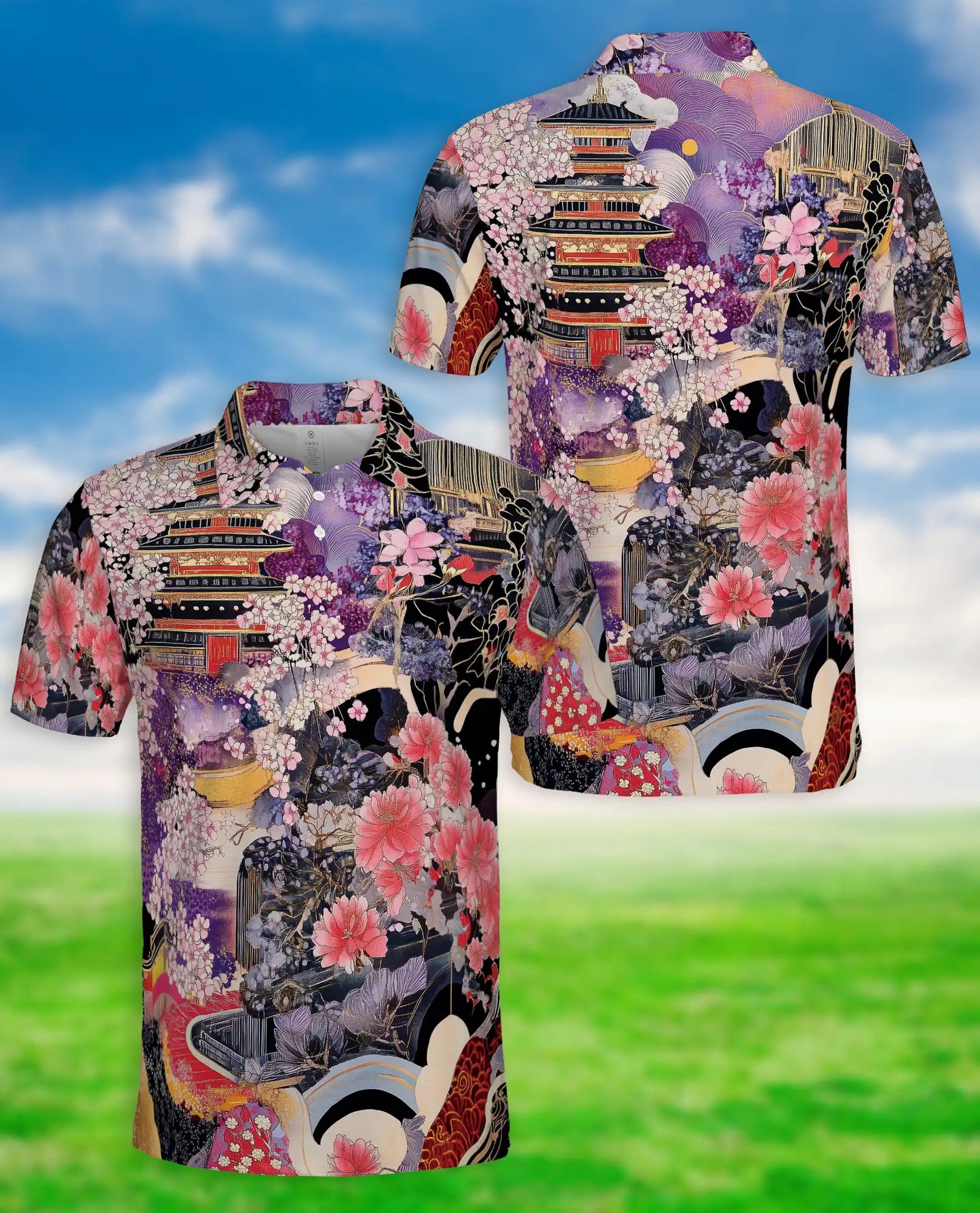 Japanese Art Polo Shirt – Sakura Temple Oriental Style Shirt | Azhobbyshop