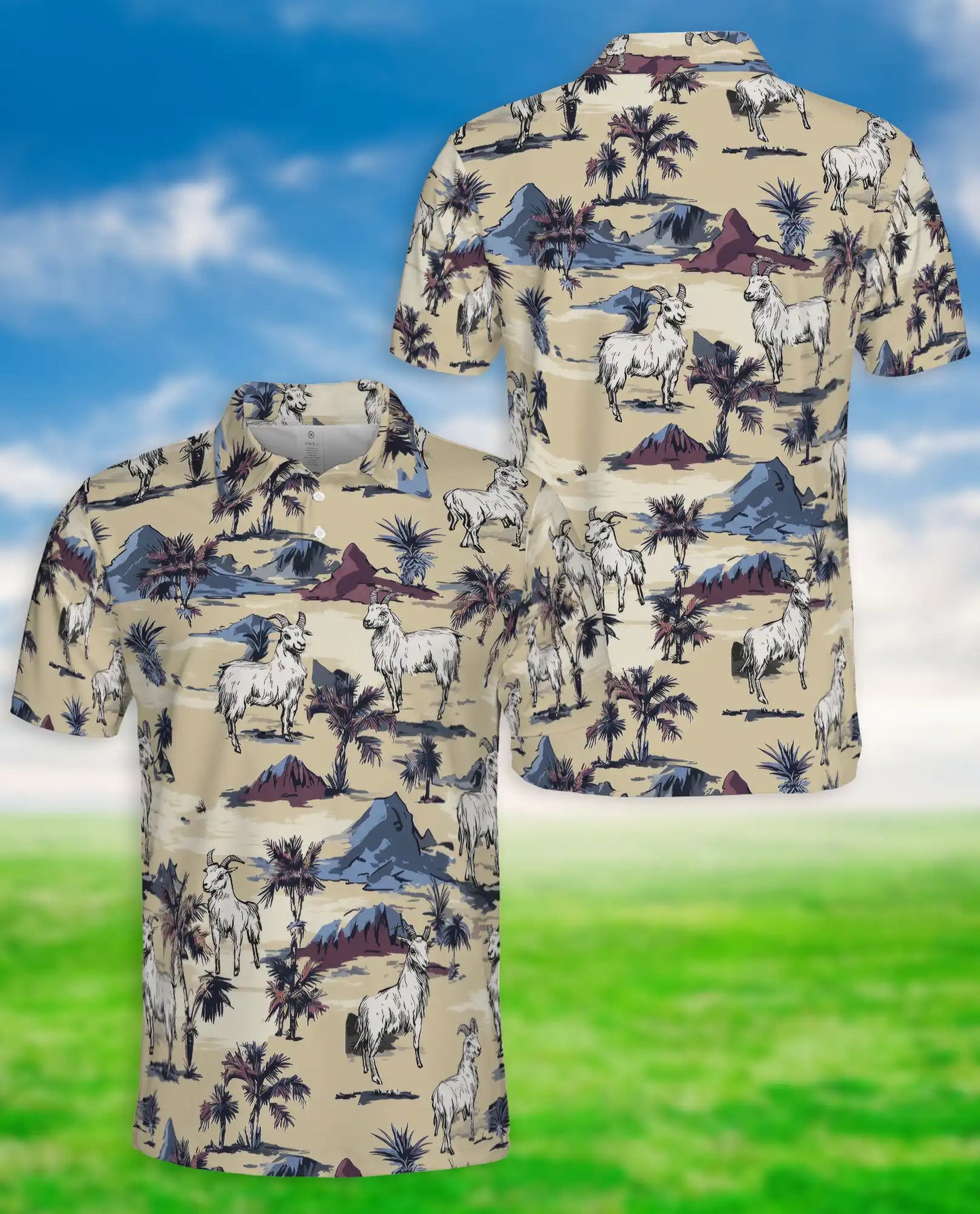Goat Desert Hawaiian 3D Polo Shirt for Men – Funny Farm Animal Retro Style | Azhobbyshop