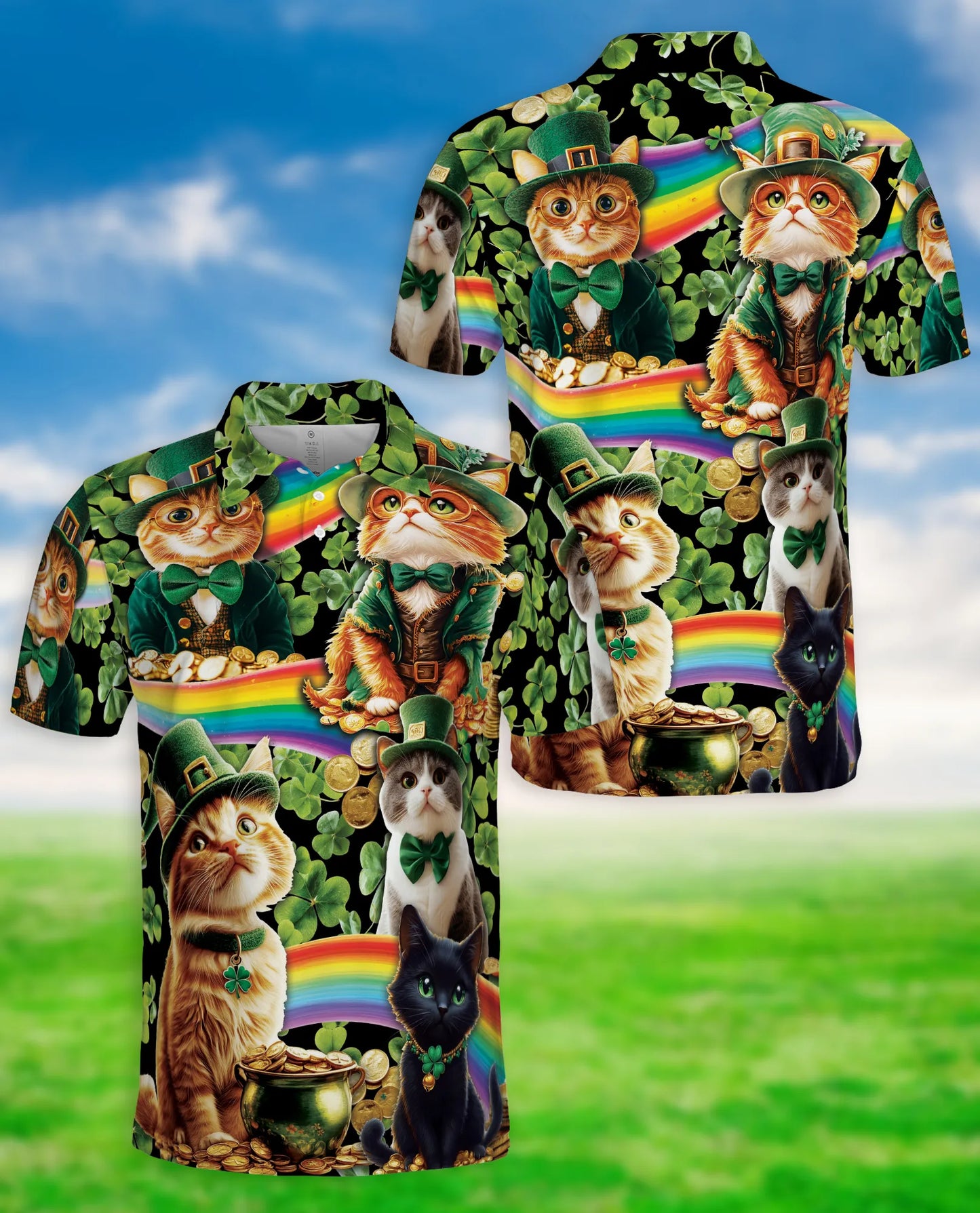 St Patrick Cat 3D Polo Shirt for Men – Lucky Irish Shamrock Style | Azhobbyshop