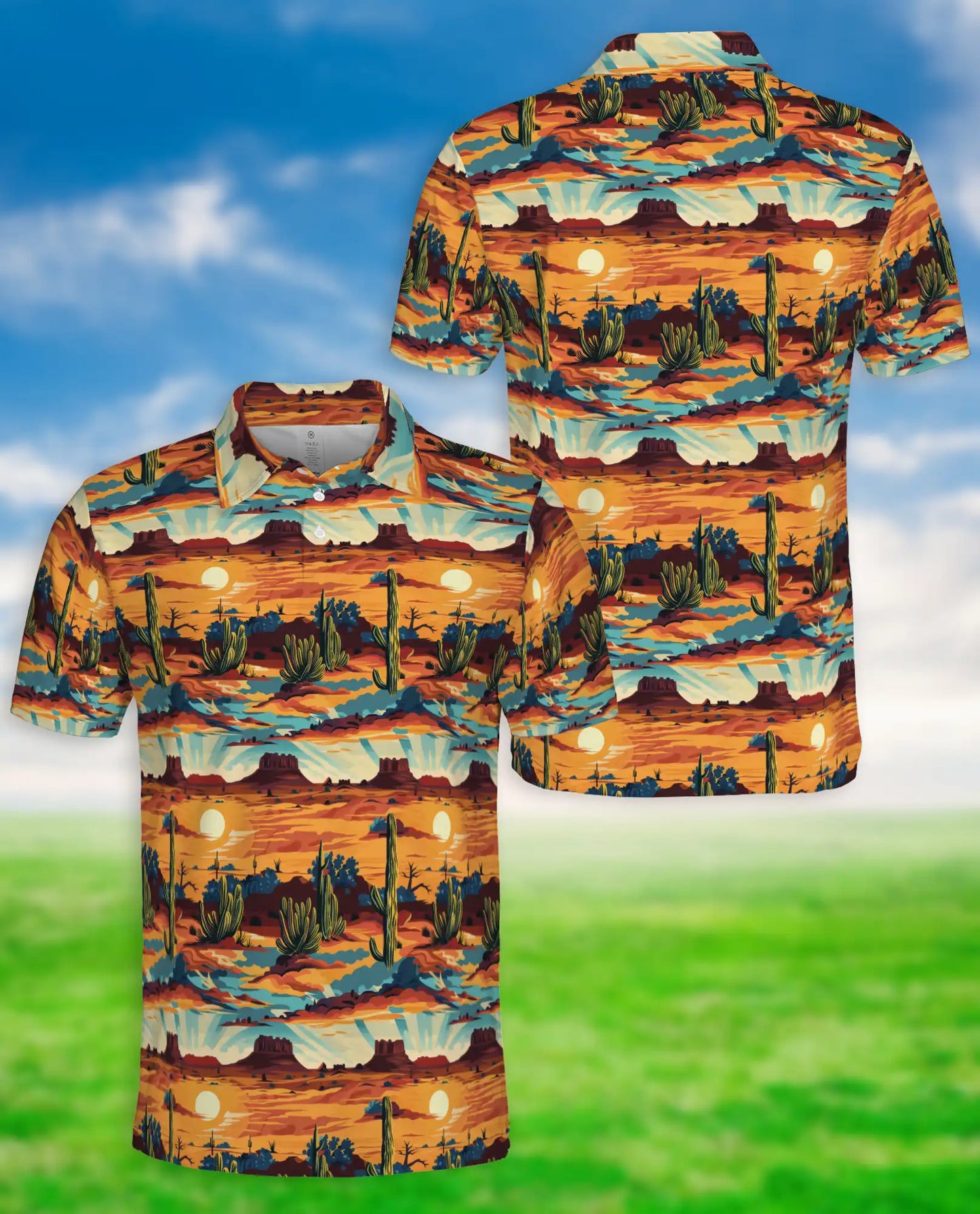 Desert Sunset 3D Polo Shirt for Men – Western Cactus Landscape Style | Azhobbyshop