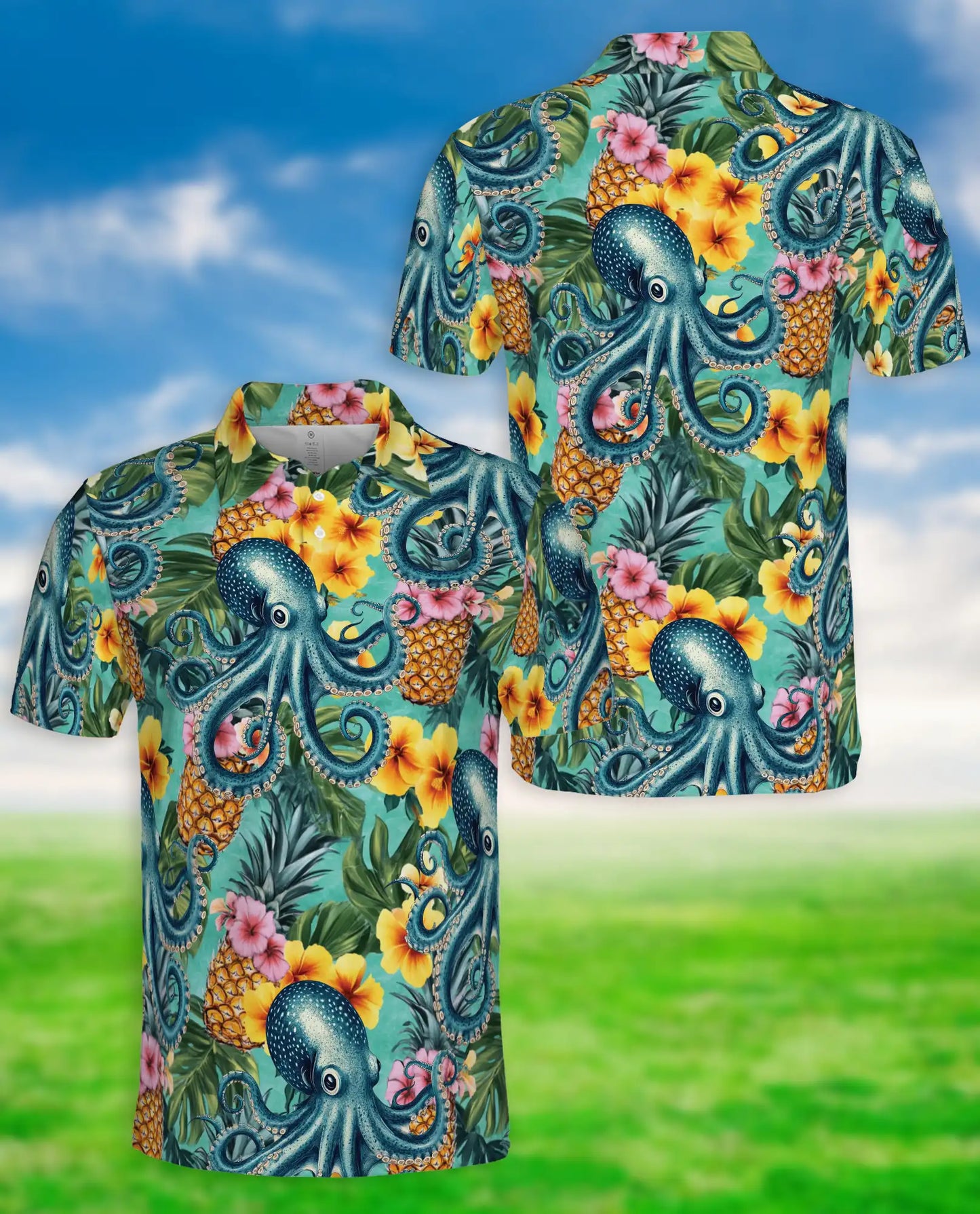 Octopus Hawaiian Polo Shirt -Tropical Pineapple Beach Style | Azhobbyshop