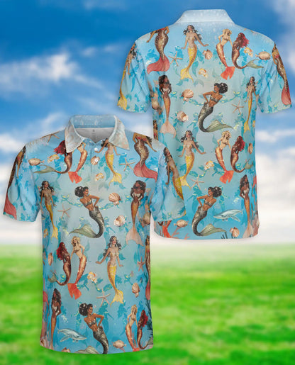 Lovely Mermaid Sea 3D Polo Shirt for Men – Cute Ocean Fantasy Hawaiian Style | Azhobbyshop
