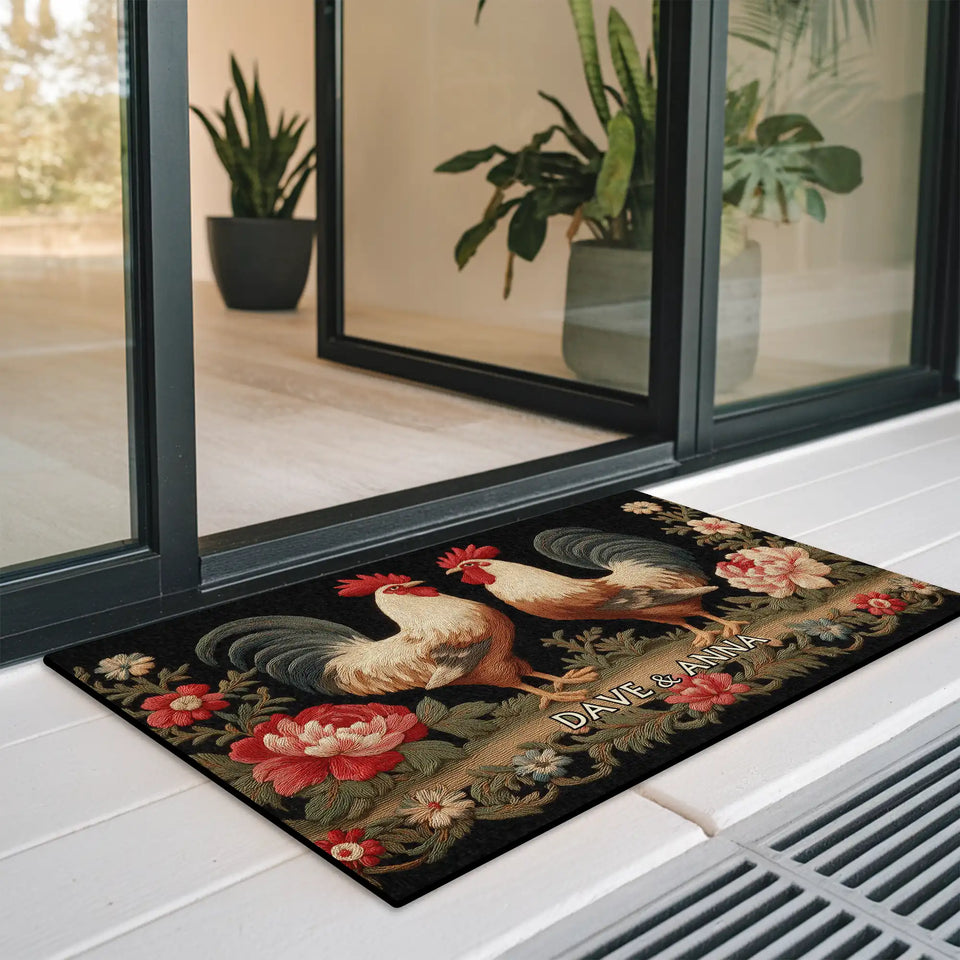 Personalized Rooster Couple Doormat – Custom Names Floral Farm Mat