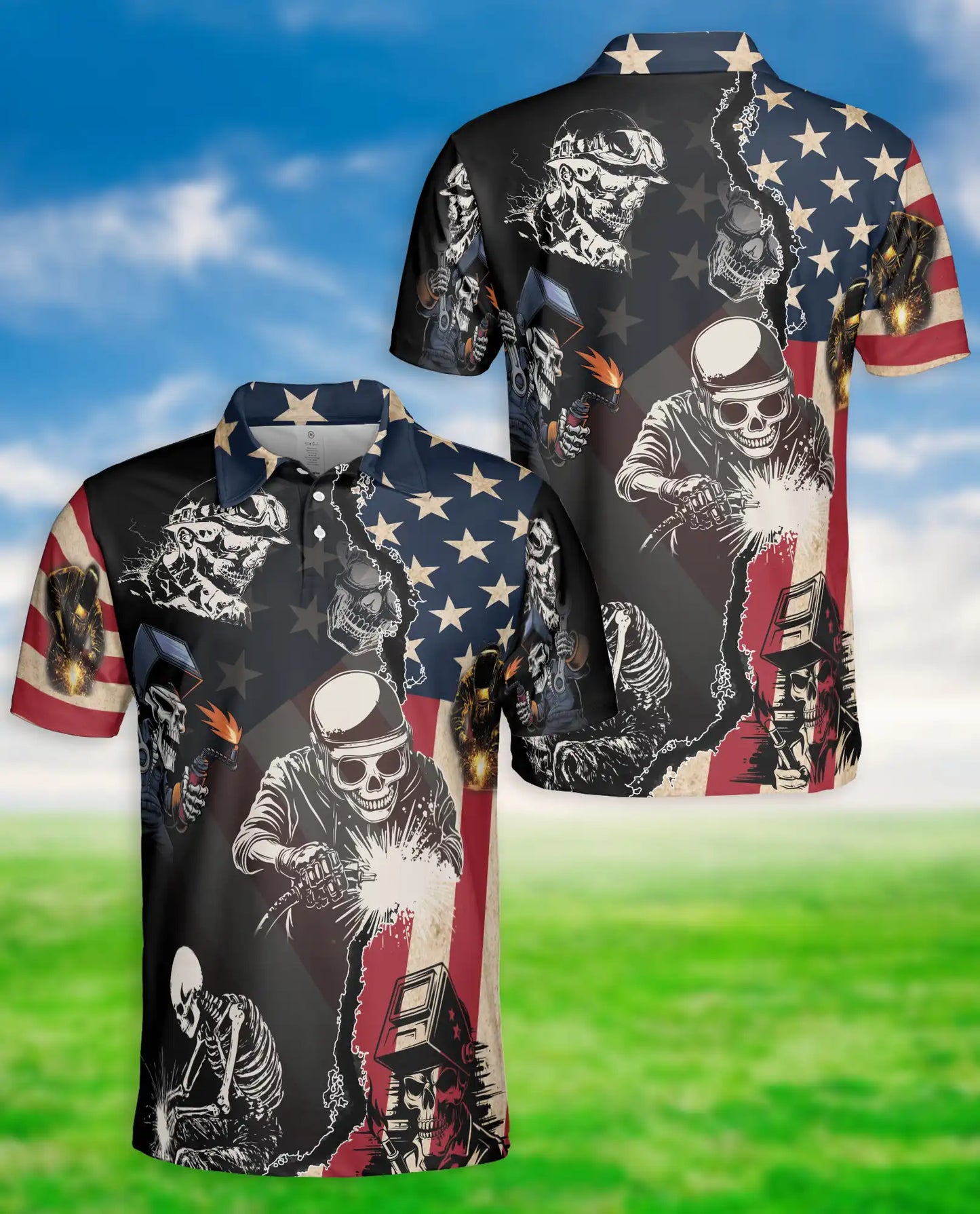 Welder Skull USA Flag 3D Polo Shirt for Men – American Welding Patriotic Style | Azhobbyshop