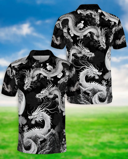 Japanese Dragon 3D Polo Shirt – Black White Oriental Art Style | Azhobbyshop